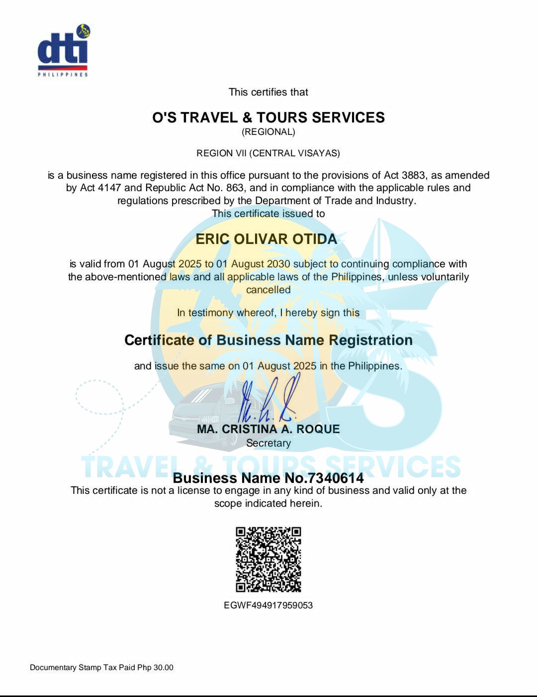 DTI Certificate of Business Name Registration